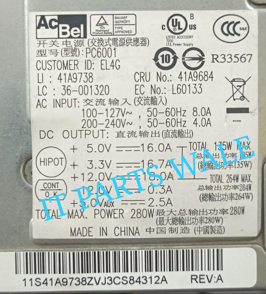 AcBel PC 6001 280W Power Supply For Lenovo M58p M57p M57 (Refurbished )